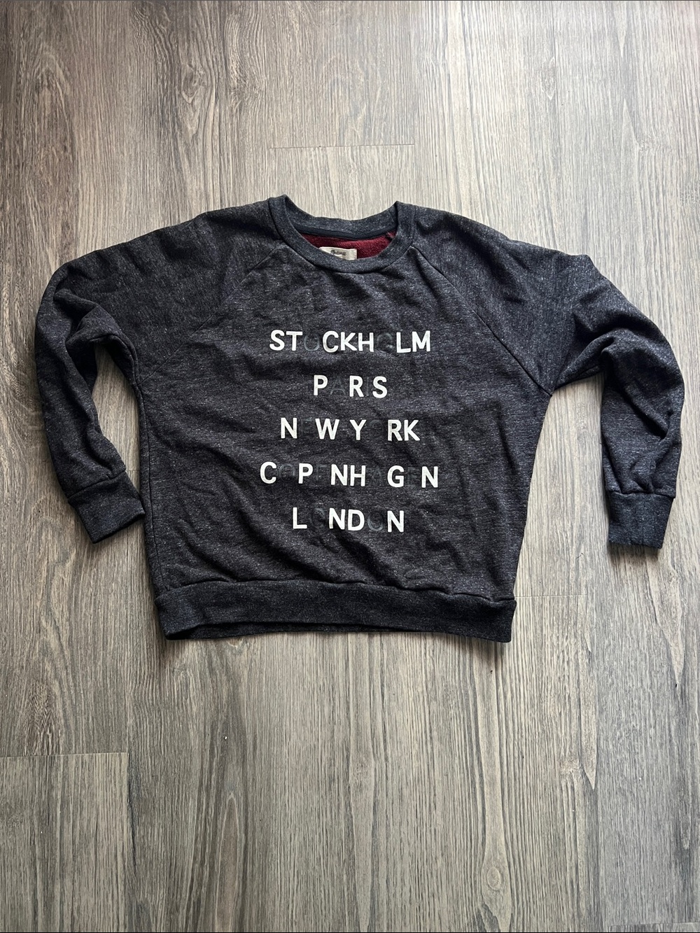 Madewell Heather Dark Gray Crewneck Sweatshirt with White Cities Graphic Small